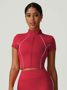 Women's Colorblock Line Slim Fit Zipper Small Stand Collar Short Sleeve Jacket - Red - View 3