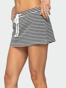 Women Y2k Mini Skirts Solid Color Low Rise Drawstring Skirts Elastic Waist Bow Front Short Skirt Stretchy Side Slit Pencil Skirts Summer Casual Streetwear - 黑與白 - 查看 5