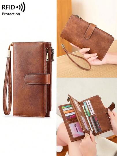 CHARM INFINITE Moderner Vintage-Stil Damen Langes Portemonnaie für den Alltag, Multifunktional, Große Kapazität, Dreifachfaltung, Kreditkartenhalter mit RFID-Blocker für Kredit-/Ausweiskarten, Münzen, Bargeld, Quittungen. Damen Clutch Geldbörse mit Doppel-Reißverschluss, handgelenktasche, Geschenkidee, Geburtstagsgeschenk, Jahrestag