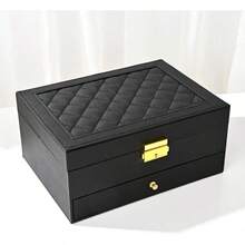 Large PU Leather Jewelry Organizer Storage Case With Two Layers Display For Earrings Bracelets Rings And Watches Black - Black-01 - View 1