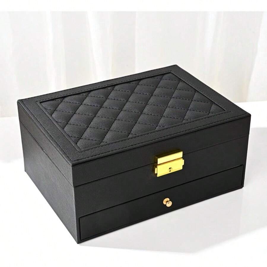 Large PU Leather Jewelry Organizer Storage Case With Two Layers Display For Earrings Bracelets Rings And Watches Black - Black-01 - View 1
