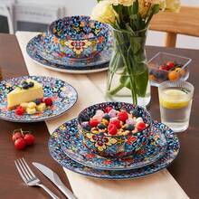 vancasso 12 Pieces Porcelain Dinnerware Set, Multicolour, Dinner Plate, Dessert Plate And Bowl Set For 4 Person, Polychrome, Blue, Ceramic Stamping In Bohemian Style - Multicolor - View 2