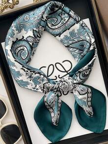 1PC 时尚印花方形围巾女士缎面头巾头带女士度假防晒披肩女头带 - 青色腰果2 - 查看 2