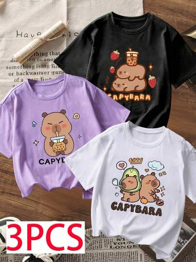 Tween Girls 3 Pieces Capybara Printed Short Sleeve T-Shirt, Summer Tops For Tween Girls
