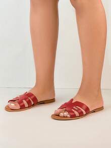 Flat Bottom Open Toe Slippers, Fashion Versatile One-Strap Sandals For Beach, Vacation - Red - View 2