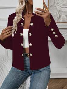 Women Plain Color Button Front Thin Jacket, Spring Autumn - Burgundy - View 5
