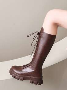 Women's Red Thigh High Boots, Wedge Heel, Thick Sole, Lace-Up, Leather Upper, Side Zipper, Tall Motorcycling Boots