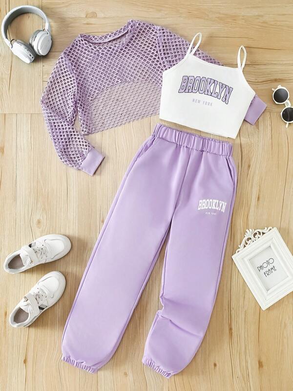 3pcs/Set Girls Clothing, Letter Print Camisole + Mesh Tee + Pants Outfit, Casual Spring/Autumn Outdoor Suit For Girls, Letter Print Camisole + Mesh Tee + Pants Sweatsuit, Brooklyn Print Casual Vest & Top With Sports Pants Set, Kids Spring Autumn Apparel, Knit Fabric, Stretchy, Letter Pattern, Regular Fit, Polyester Blend, Outdoor Suitable, Gift For Girls Autumn