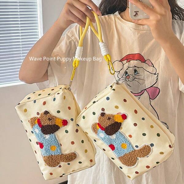 1 pièce Nouveau sac de toilette portable de grande capacité avec design mignon de chiot, sac de maquillage, sac de rangement pour femmes