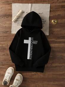 Tween Boy Casual Printed Black Thick Hoodie, Autumn