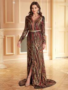 Women's V-Neck Long Sleeve Sequin Zebra Print Elegant Party Dress With Detachable Belt