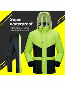 1 套优质加厚双层透气雨衣和裤子，骑行/徒步旅行，带帽，反光条，防水 - 綠色 - 查看 1