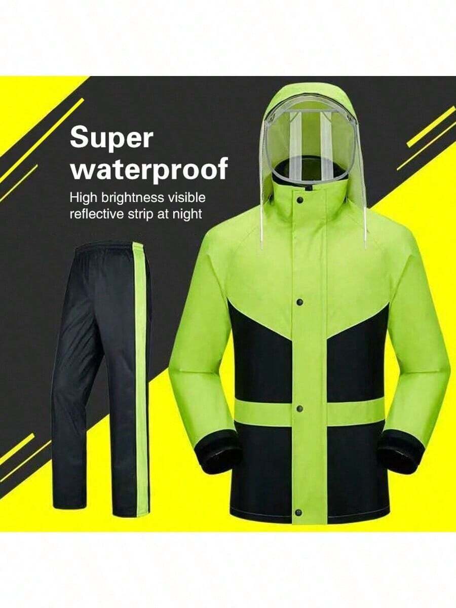 1 套优质加厚双层透气雨衣和裤子，骑行/徒步旅行，带帽，反光条，防水 - 綠色 - 查看 1