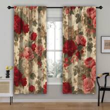 2pcs Glam Style Floral Printed Curtains, Semi-Sheer Polyester Flannel, Machine Washable, Rod Pocket Design, Unlined, Arts & Crafts Theme, With Red And Pink Rose Patterns For Living Room And Bedroom Decor