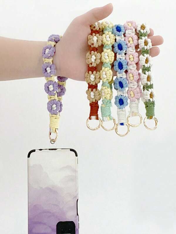 1pc Handmade Crochet Daisy Wrist Strap Keychain, Solid Color Flower Zinc Alloy Phone Lanyard Boho Style Bag Charm Accessories, Suitable For Holiday Gifts