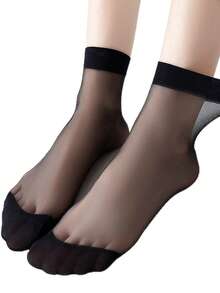 3 双纯色透明透气时尚水晶丝中筒袜，适合女士日常穿着 - 黑色 - 查看 4