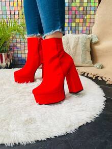 Botas plataforma tacón alto elegantes de plataforma impermeables estilo europeo y americano para mujer, de puntera cuadrada, tacón grueso, para club nocturno, botines de moda para invierno, colección 2024 Otoñocomodas,ligeras,mujeres sotisficadas  Glamour  De moda  Elegante  Vintage  Básico  Casual    Plataforma - Rojo - Ver 3