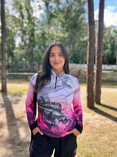 Camisa Camiseta de Pesca Feminina Tucunare Gola Zíper Proteção Solar UV Fisher NF27FNew