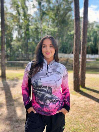 Camisa Camiseta de Pesca Feminina Tucunare Gola Zíper Proteção Solar UV Fisher NF27FNew