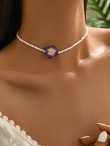 1 件手工花卉装饰项链，甜美可爱，适合度假浪漫场合，适合日常佩戴、约会、聚会和节日 - 紫色 - 查看 2