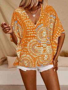 Plus Women's Bat Sleeve Printed V-Neck Blouse - 黃色 - 查看 3