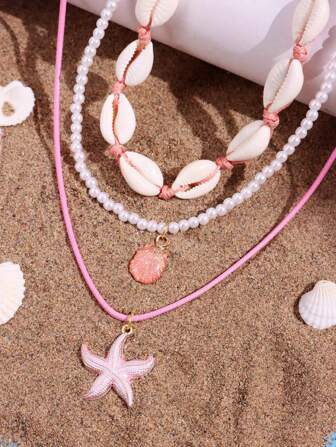 3pcs/Set Pink Starfish & Shell Beaded Necklace, Beach & Ocean Vacation Style Jewelry For Women