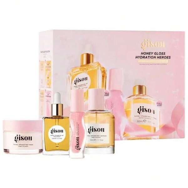 Gisou Honey Infused Hair Oil + Gisou Honey Infused Hydrating Lip Oil + Gisou Honey Infused Hair Travel Size + Gloss Hair Perfume Women 4-Piece Set