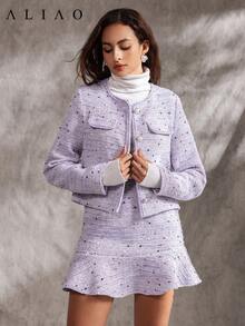 Aliao 精致亮片粗花呢外套，秋季上衣，优雅端庄的女士上衣，返校服装，秋季女装，婚礼宾客上衣 - 淡紫色 - 查看 4
