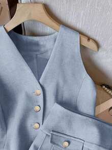 Women's Elegant Casual Houndstooth Vest And A-Line Pleated Skirt Suit, Spring/Summer - Baby Blue - View 5