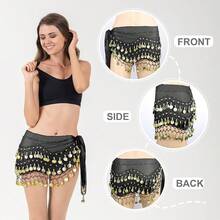 Chiffon Belly Dance Hip Scarf With 128 Coins For Yoga Class - Black - View 7