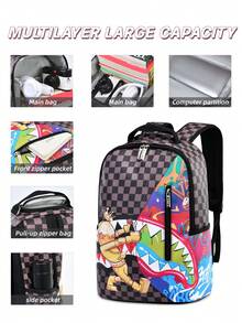1pc Unisex Plaid Print School Backpack, Large Capacity, Adjustable Shoulder Straps, Zipper Closure, Polyester Lining, Water-Resistant & Durable Fabric, Suitable For Commuting, Daily Use, Back-To-School Gift