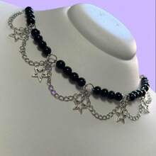 Star Choker With White Pearl Balls Punk Choker With Silver Chains - 黑珍珠 - 查看 3