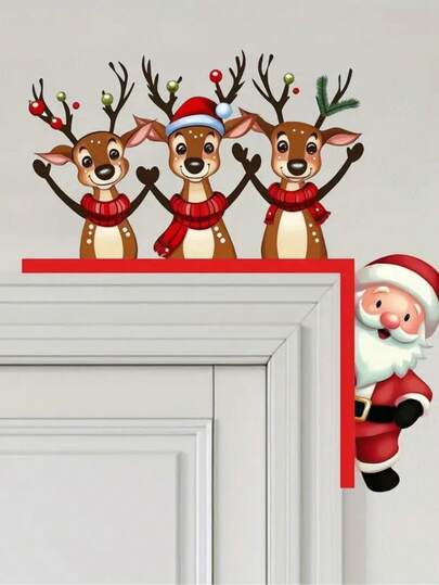 Cute Santa Claus & Reindeer Door Frame Stickers - Modern Cartoon Christmas Decor, Suitable For Bedroom And Living Room, Easy To Apply And Remove, Reusable