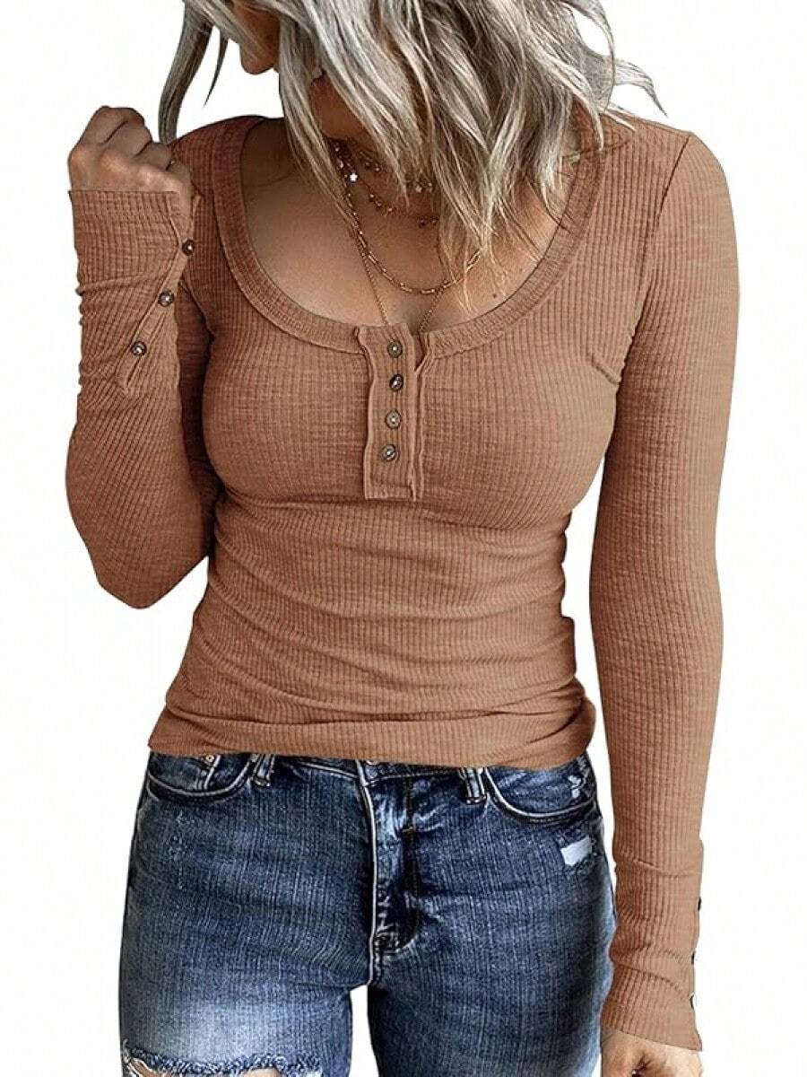 Women's Long Sleeve Henley T Shirts Button Down Slim Fit Tops Scoop Neck Ribbed Knit Shirts/Vacation Outfits Women/Valentine Outfits For Women - Light Brown - 查看 1