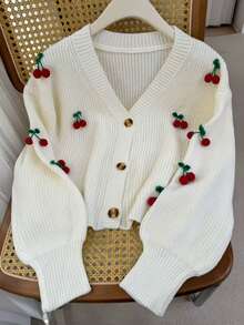 Cherry Pattern Knit Loose V-Neck Button Cardigan Jacket, Casual Autumn White - White - View 5