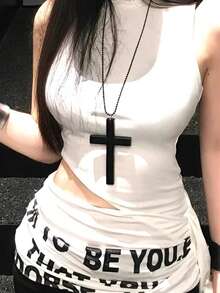 1pc Cross Pendant Long Necklace, Black Wooden & Metal, Unisex Punk Y2K Jewelry For Daily Outfit And Party Accessory - Black - View 9