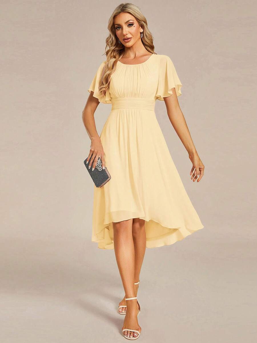 Women's Spring Elegant Ruffle Sleeve Floral Print Chiffon Yellow Bridesmaid Dress, Formal Wedding Guest Dress