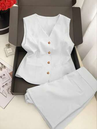女士休闲纯色优雅办公室装纽扣口袋不对称/不对称背心和短裤两件套，夏季