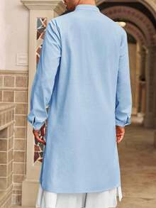 Runcati Men's Cotton Linen Henley Button Down Thobe Long Sleeve Casual Muslim Kaftan Gown - 藍色 - 查看 2