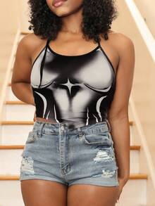 Steph T Body Heat Map Print Tie Y2k Backless Hanky Hem Halter Top - Black - View 4