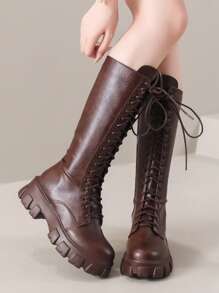 Women's Red Thigh High Boots, Wedge Heel, Thick Sole, Lace-Up, Leather Upper, Side Zipper, Tall Motorcycling Boots