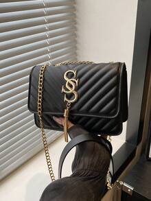 Women's Fashion Solid Color PU Leather Quilted Shoulder Bag, Multifunctional Flap Chain  For Party/Evening, - Black - View 8