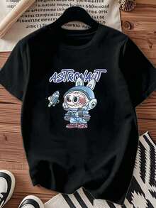 One piece shirts summer tops cotton  clothes women camisas de mujer lindas Astronauta Conejo T shirt 180g negro blanca de algodónpatrón de estampado de astronautaimpresión de alta calidad en algodóncuello redondocorte básico holgadopara hombres y mujeres transpirable versátil lavable a máquina cómoda talla S ~ 3XL diario casual deportes imprescindible para el verano - Negro - Ver 1