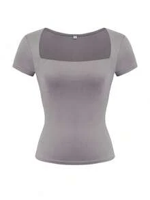 Vaiaye Women's Casual Solid Color Knit Square Neck Sexy Slim Fit Y2K Short Sleeve T-Shirt, Spring/Summer Activewear Top - Brown - View 3