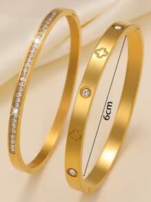 2pcs Luxury Sparkling Four-Leaf Clover Zirconia Stainless Steel Bracelet For Women, Suitable For Multiple Occasions