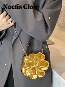 Women's Elegant Mini Flower Shaped Chain Crossbody Bag, Metallic Y2K Style Theme Party Shoulder Bag, Fashionable Novelty Shaped Bags, Versatile Small Mobile Phone Key Coin Purse, Portable Outdoor Travel Vacation Cosmetic Bags, Wear-Resistant Solid-Color Clutch Bag - 金色 - 查看 2