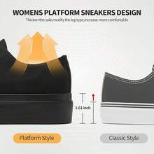 White Platform Sneakers For Women, Low Top Canvas Shoes - Full Black - View 4