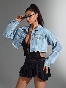 Jeanoix 短款毛边落肩休闲牛仔夹克