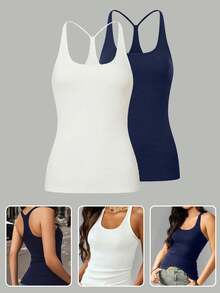 2 Pieces Of Solid Color Elastic Ribbed Slim Fit Vest T-Shirt With Y-Shaped Shoulder Strap Top - Multicolor - View 4