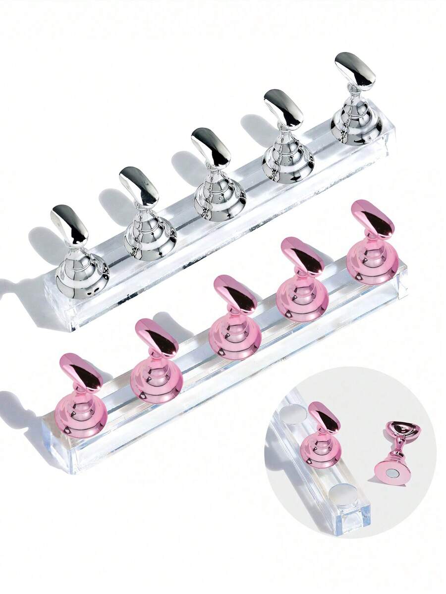 2pcs Magnetic Nail Holders Pink And Silver False Nail Practice Display Stand For Beginners And Nail Salon Supplies Nail Art Tools - Multicolor - View 1